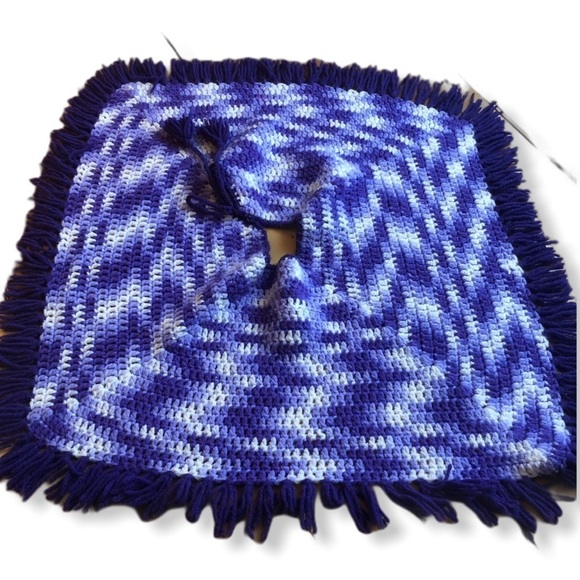 Handmade Knit Girls Poncho Shawl Fringe Purple Size Small - Picture 5 of 7